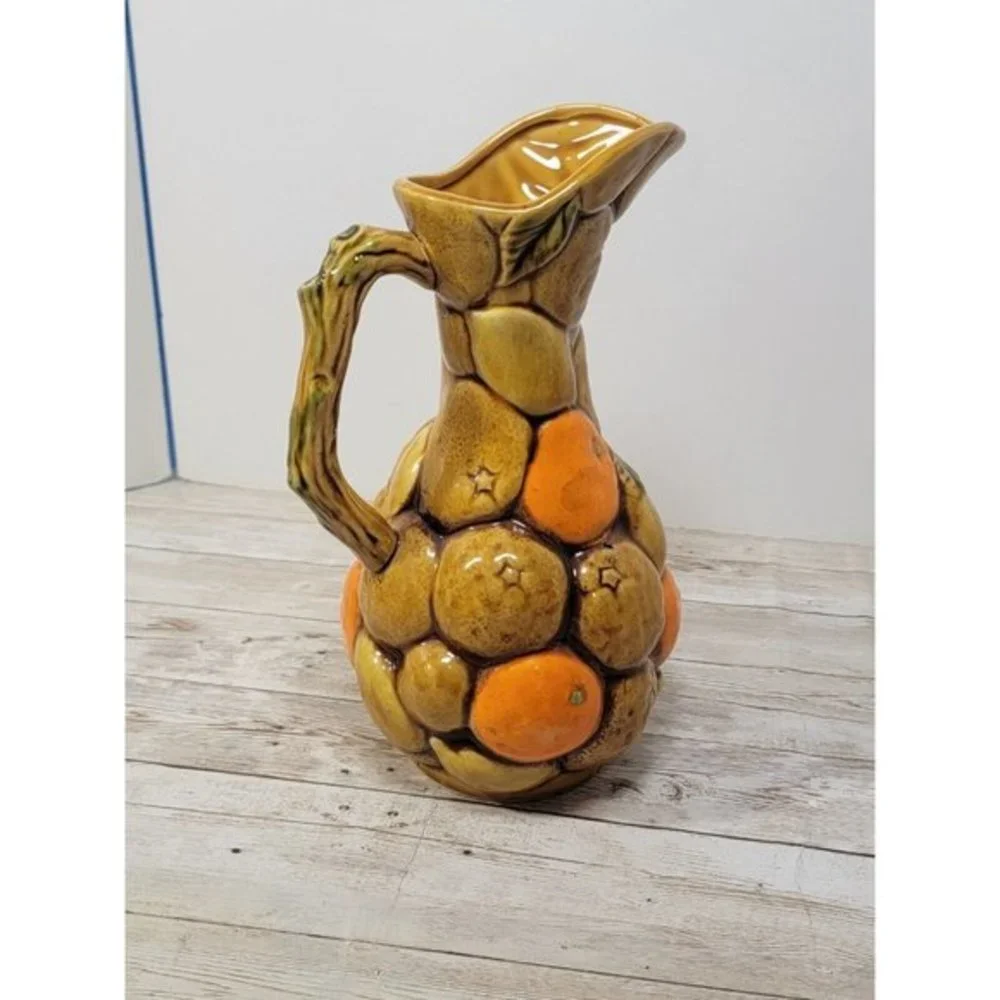 vintage Majolica Pitcher tropical w orange lemon-Japan-Inarco MCM Citrus Fruit - Picture 3 of 10